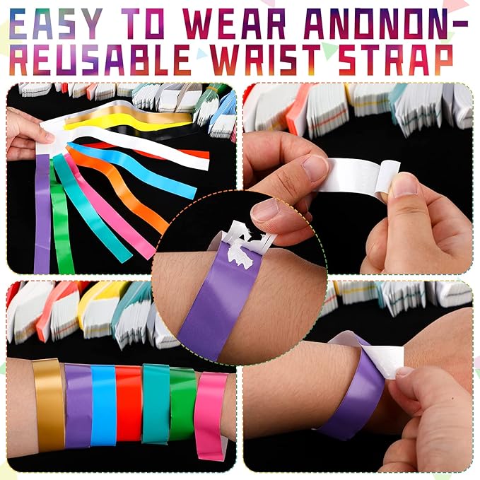 Tudomro 1200 Pack Plastic Paper Wristbands for Events Neon Party Wrist Bands Colored Waterproof Concert Identification Hand Bands Lightweight Adhesive Wristband(Mixed Colors)