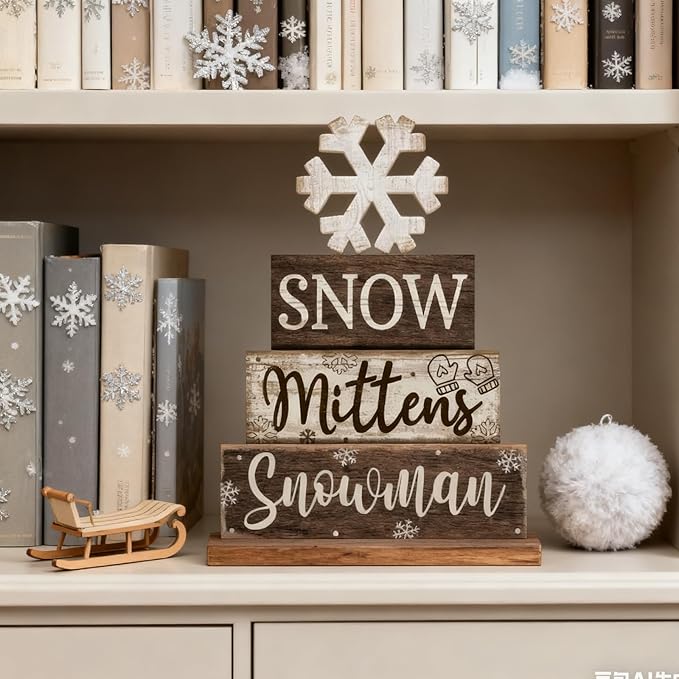 4 Pcs Winter Table Decorations Wooden Snowflake Decor Christmas Tiered Tray Decor Rustic Decorative Snowflake Block Sign Gift Winter Table Centerpiece for Wonderland Party Home Kitchen