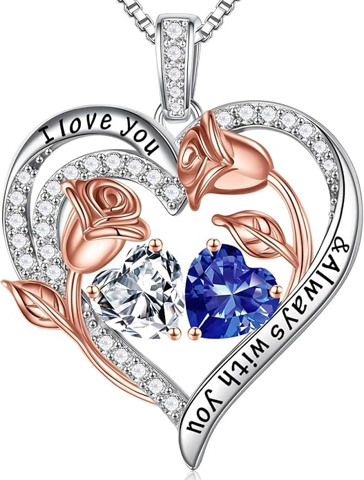 Iefil Valentines Day Gifts for Her - 925 Sterling Silver Rose Heart Birthstone Necklace Birthday Anniversary Jewelry Gifts for Her Wife Mom Daughter