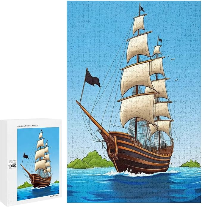 Puzzles for Adults 1000 Pieces Wooden Jigsaw Puzzle - Sail Ship Pirate Sea Island Theme Puzzle，Party Games，Family Toys，Educational Puzzles，Stress Relief Wooden Puzzle，Gifts for Family and Friends