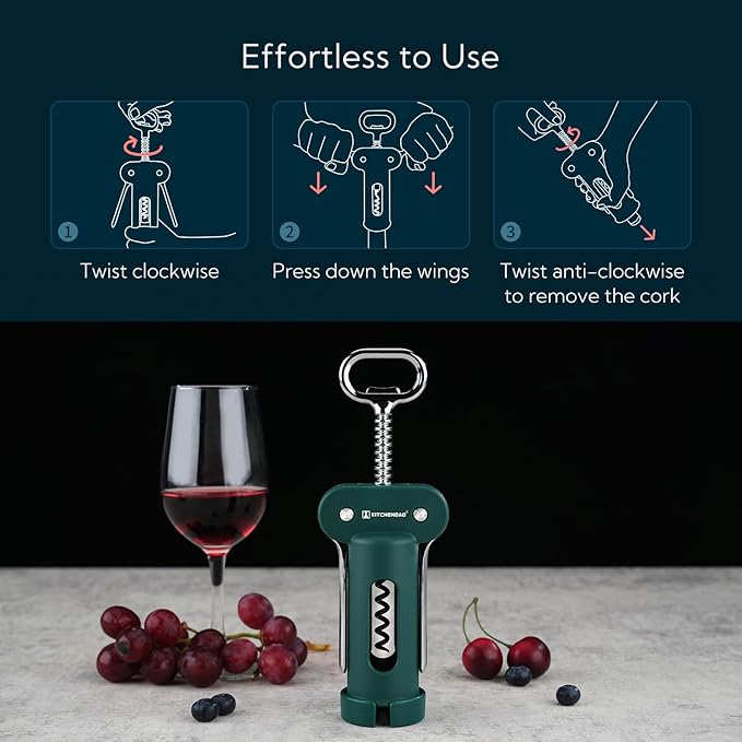 KITCHENDAO 3 in 1 Wing Corkscrew Wine Bottle Opener with Foil Cutter, Built-in Beer Bottle Opener, Multifunctional Wine Opener with Non-Stick Sharp Screw, Easy to Use, Manual Wine Corkscrew, Green