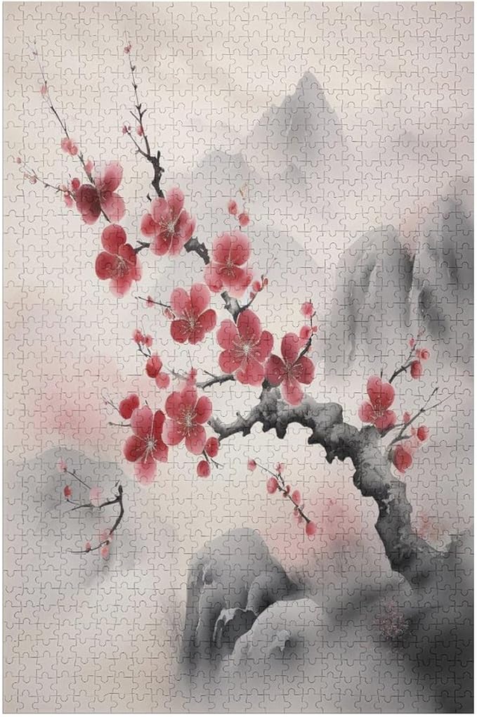 Red Plum Blossom Wooden Puzzle 1000 Pieces Jigsaw Puzzles for Adults Puzzle Educational Toys Challenging Fun Games Gifts for Elders Kids Family and Friends