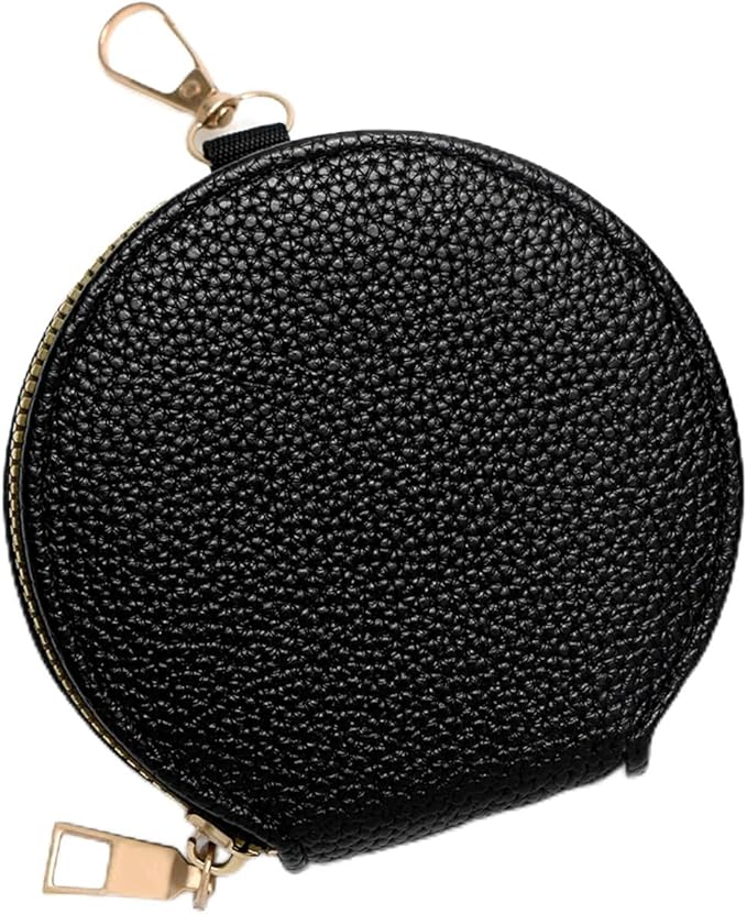 Women’s Small Coin Purse, Vintage Zipper Change Purse, Pocket-Sized, Solid Color, Round Coin Bag with Keychain - Black