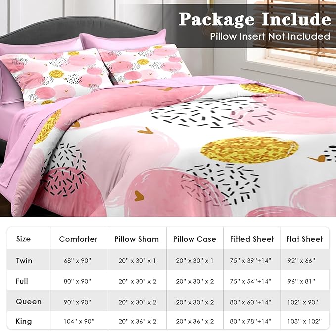 Comforter Set Twin Size, Polka Dot Pink 5 Pcs Bedding for Kids and Adults, Watercolor Spots Circles Bed Sheet Sets with Fitted Sheet Pillowcase & Sham for Bedroom Bed Decor