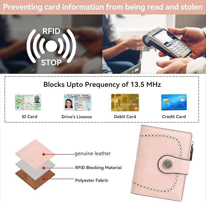 Women's Small Genuine Leather Bifold Wallet Large Capacity RFID Blocking with 16 Card Slots 2 ID Windows and Zipper Coin Pocket Pink (Pink)