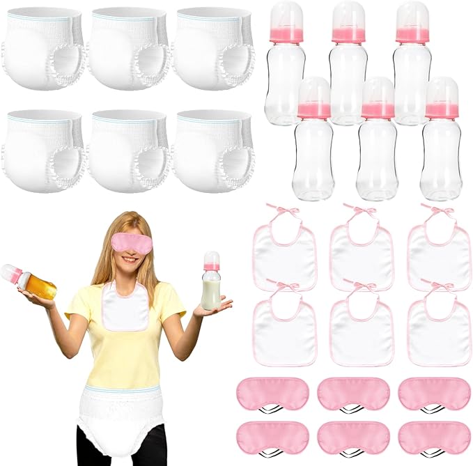 6 Sets Bottle Chug Baby Shower Games Plastic Baby Bottles Hat Disposable Diapers Gender Reveal Games Baby Changing Diaper Race Game Decorations (Pink)