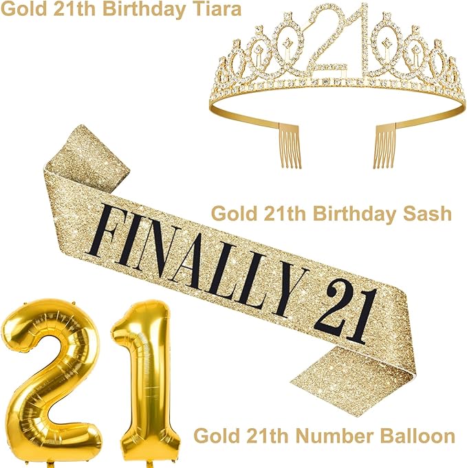 21st Birthday Decorations for Her Gold with 21st Birthday Sash and Tiara, Cake Topper and candles, Number Balloons, 21 Year Old Gifts for Her