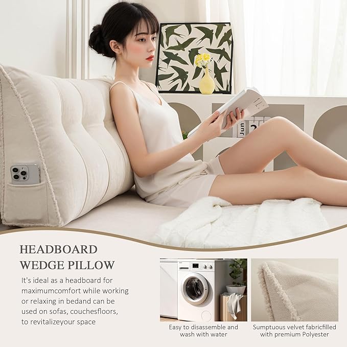 Headboard Pillow Twin, Chenille Triangular Wedge Pillow Headboard Twin Size, Reading Setting Backrest Daybed Pillows for Bed Sofa with Removable Coverr, Beige