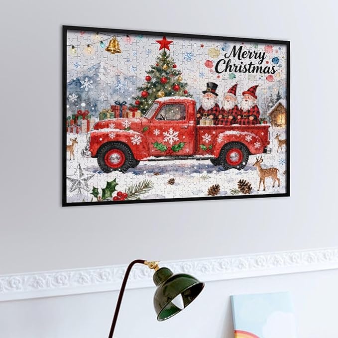 Merry Christmas-Red Car Gnomes 1000-Piece Wooden Jigsaw Puzzle, Holiday Cheer Puzzle, Red Car Gnomes Scene, Indoor Entertainment, Family Fun, Stress-Relief Puzzle