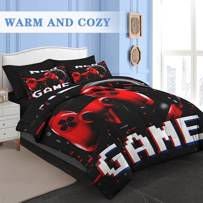 Comforter Set Twin Size, Retro Gaming Gamepad 5 Pcs Bedding for Kids and Adults, Play Computer Video Games Bed Sheet Sets with Fitted Sheet Pillowcase & Sham for Bedroom Bed Decor