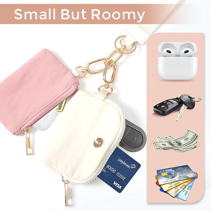 Dual Pouch Wristlet Keychain Wallets for Women with 2 Detachable Zipper Coin Purse - Small and Portable Mini Card Wallet for Women Men Gold Hardware Pink+Ivory