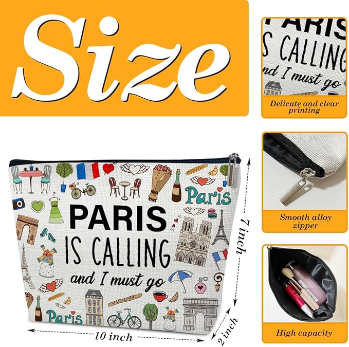 Funny Paris Travel Makeup Bag, City Themed Trip Gifts Favors, Trip Lover Gifts For Women Her, Travel Cosmetic Bag For Holiday Vacation, Paris Is Calling And I Must Go