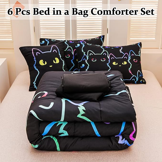 Cute Cat Full Comforter Set with Sheets, Boys Girls Lightweight 6 Pcs Bed in A Bag Full Size Bedding Set for Kids Teens