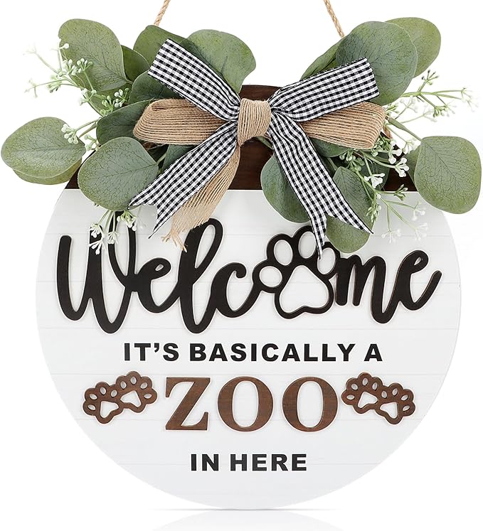 TOARTi 3D Rustic Front Door Welcome Sign Hanging with Bow-Knot Wreath, It's Basically A Zoo in Here Funny Home Porch Wall Decoration, Cute Dog Paws Pet House Decor for Pet Lover Owner Gift