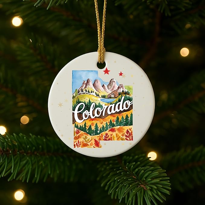 USA State Landmark Ceramic Ornament – Round Glossy Christmas Decoration Featuring U.S. State Art, Landmarks & Holiday Scenery – Collectible Travel Souvenir Ornament Series (Colorado)