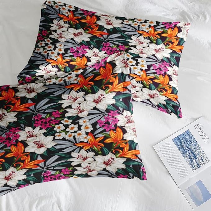 Comforter Set Queen Size, Tropical Leaves Flower 7 Pcs Bedding for Kids and Adults, Floral Hawaii Hibiscus Bed Sheet Sets with Fitted Sheet 2 Pillowcases & 2 Shams for Bedroom Bed Decor