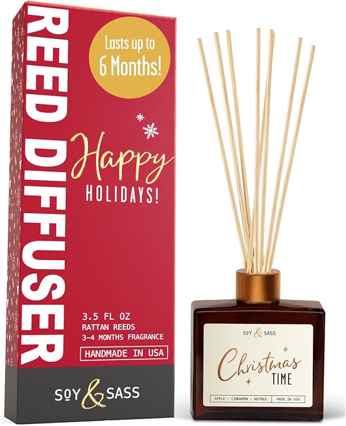 Christmas Diffuser, Christmas Reed Diffuser Decor - w/Apple, Cinnamon & Clove I Infused w/Essential Oils I 3.75 OZ Oil I Long-Lasting Scent Lasts 4-6 Month's I Made in The USA