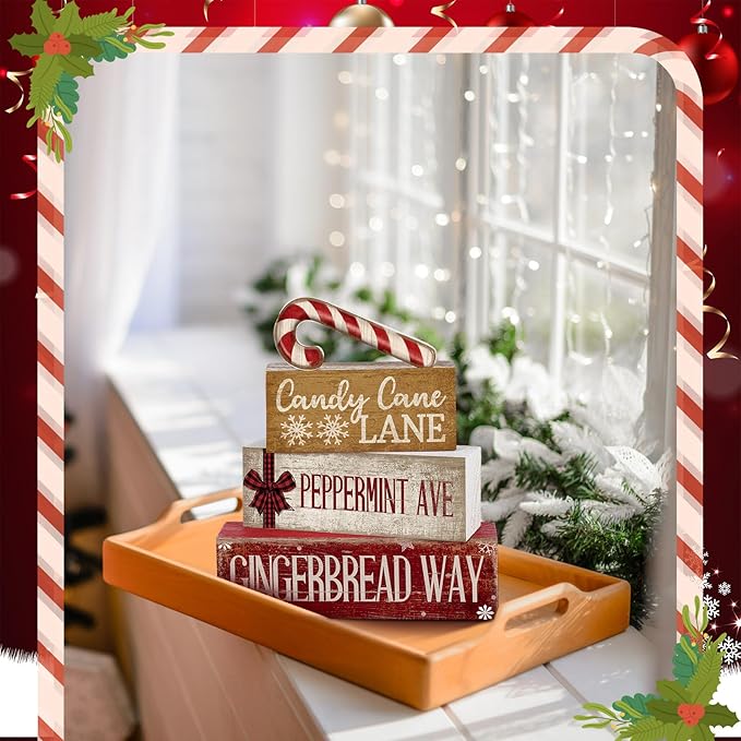 4 Pcs Christmas Table Decor Wooden Candy Cane Decoration Christmas Centerpiece Winter Tiered Tray Decor Red and White Stripes Candy Cane Block Signs Gift Farmhouse Xmas Decoration for Kitchen