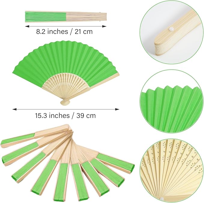 50 Pieces Paper Fans Paper Hand Fan Bamboo Folding Fan Handheld Fan Paper Folded Fan Paper Fan for Wedding Party and Home Decoration (Green)
