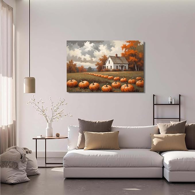 Autumn Pumpkin Patch Print Country Farm Natural Scenery Decorative Painting Suitable for Home Decor Bathroom Bedroom Living Room Decoration28x40in(70x100cm)- Framed