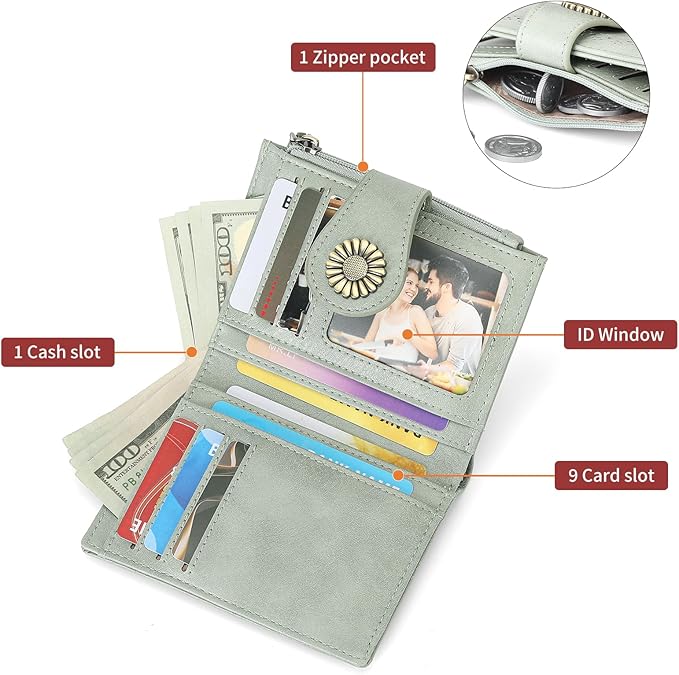 SENDEFN Small Wallets for Women Bifold RFID Blocking Leather Card Holder Compact Wallet with Zipper Coin Pocket