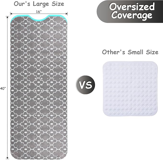 Bathtub Mat Non Slip, Grey Extra Long Bath tub Mat Shower Floor Mat with Suction Cups and Drain Holes for Adults Kids Elderly 40 X 16 Inch