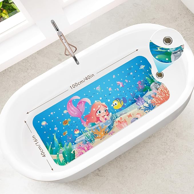 SHUCHING Mermaid Bath Mat for Tub Non Slip-40 X 16 Inch, Girl Bathtub Mat Non Slip, Long Toddler Baby Kids Shower Mat for Bathroom