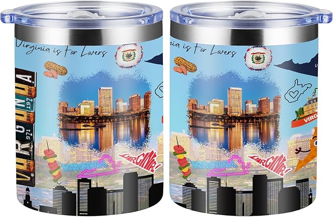 12oz Coffee Mug Virginia State Insulated Coffee Cups, United States Map Travel Mug Landmark, Birthday Gifts Cute Mugs with Lid and Straw Gifts for Mom