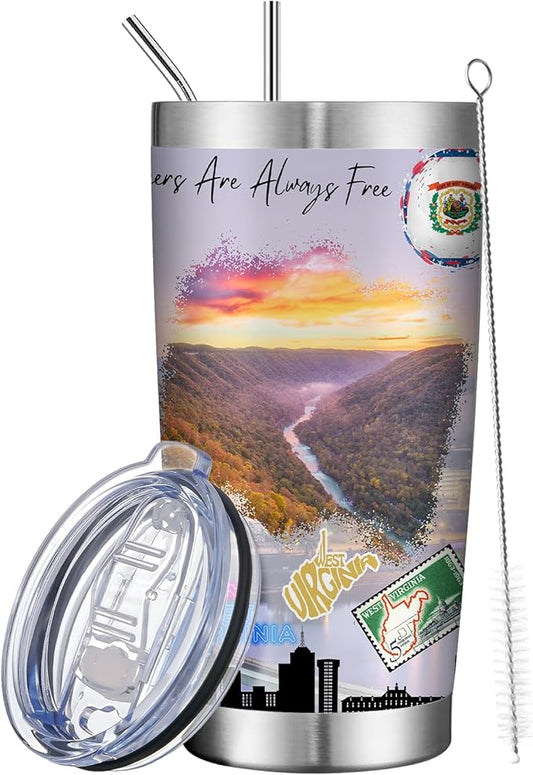 20oz Insulated Tumbler West Virginia State Coffee Mug, United States Map Travel Mug Landmark, Birthday Gifts Cute Custom Tumbler Cups with Lid and Straw Gifts for Mom