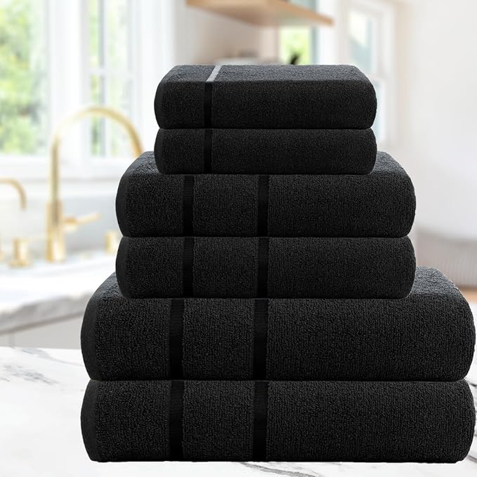 CASA COPENHAGEN Eternal 6 Pieces Towel Set- Dark Black, 500 GSM 2 Bath Towel 2 Hand Towel 2 Washcloth, Designed in Denmark Made of Soft Egyptian Cotton for Bathroom, Kitchen & Shower