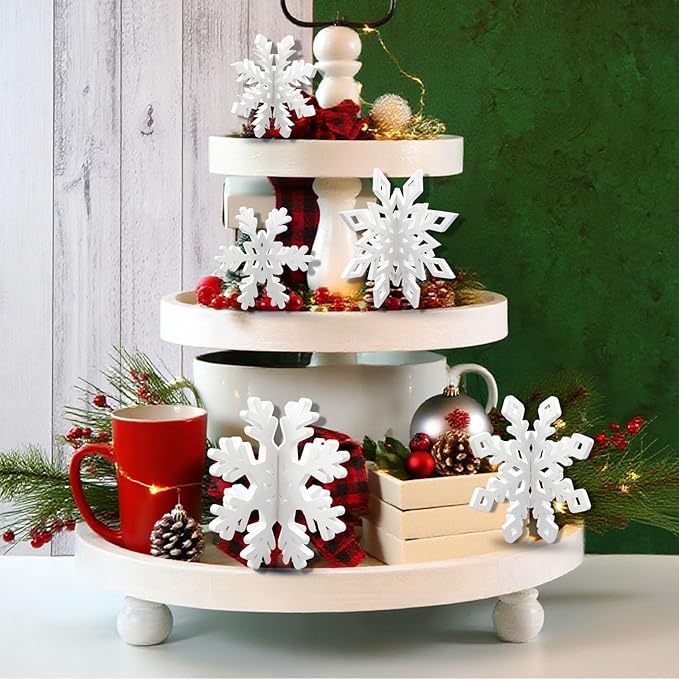 48 Pcs Wooden Snowflakes Table Decor for Christmas Table, 3D Snowflake Tabletop Signs Centerpiece for Xmas Winter Wonderland Decorations Home Party(White)