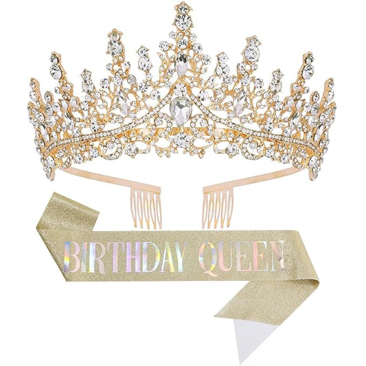 Birthday Tiara Crown with Sash for Women, Headband Hair Accessories for Wedding Party Costume