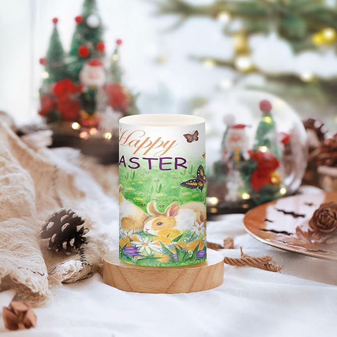 Easter Bunny Eggs Spring Flowers and Butterfly Flickering Flameless Candles Battery Operated with Remote Timer,Tea Light Candles LED Pillar Votive Candles set of 2 for Outdoor Indoor Decorations