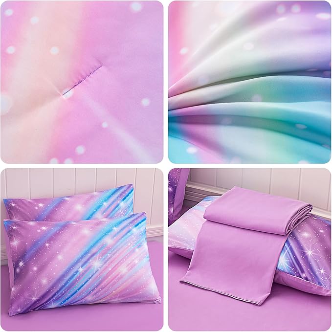 Rainbow Bedding Set Twin Size – 7 Piece Reversible Girls Comforter with Deep-Pocket Sheet, Gradient Galaxy Design, Whole-Piece Filling, Machine Washable Bed-in-a-Bag for Kids Room Makeover & Gifts