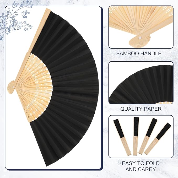 Yinkin 300 Pack Folding Fans Bamboo Handheld Folded Craft Hand Japanese Chinese Fans for Weddings Bridal Dancing Church DIY Decoration Women Gift Party Favors (Black)