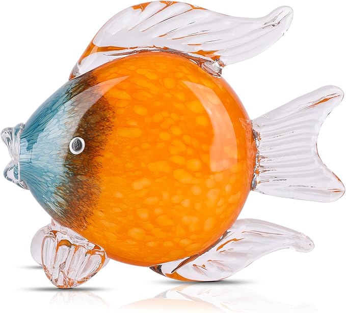 LCCCK Large Glass Fish Figurines Hand Blown Glass Fish Statue and Sculpture Home Decor, Murano Animal Tropical Sea Glass Paperweights for Desk, Glass Aquarium Coastal Beach Decorative (Orange)