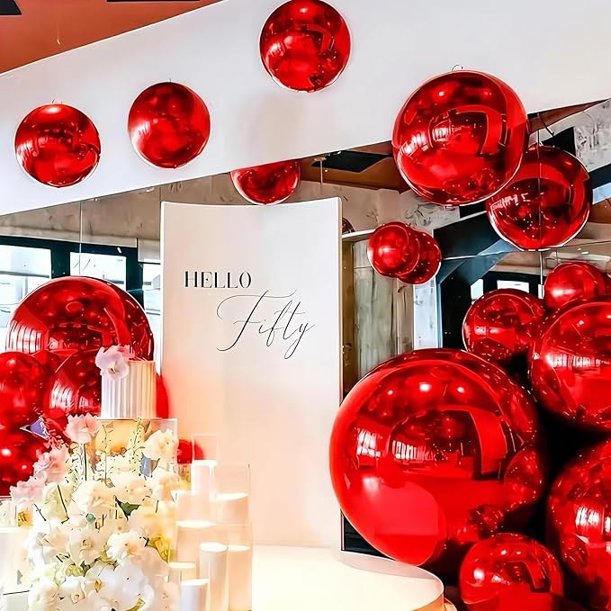 12PCS Red Round Foil Balloons, 22" 15" 10" Large 4D Ball Balloons Metallic Red Mirror Balloon for Graduation Christmas Valentines Galentines Day Wedding Birthday Party Decorations