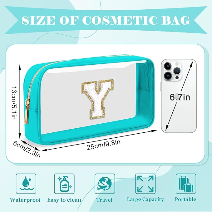 Personalized Initial Letter Clear Makeup Bag,Preppy Small Nylon&PVC Cosmetic Zipper Bag with Chenille Letter,Portable Beach Travel Skincare Toiletry Bag,Trendy Monogram Gift for Teen Girls Women,Y