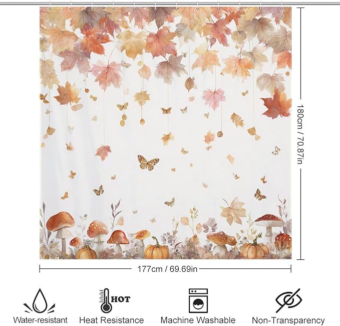 Fall Pumpkin Shower Curtain Autumn Maple Leaves Thanksgiving Harvest Waterproof Washable Fabric Bathroom Shower Curtains for Bathroom Decorations Home Indoor Decor 72x72Inch