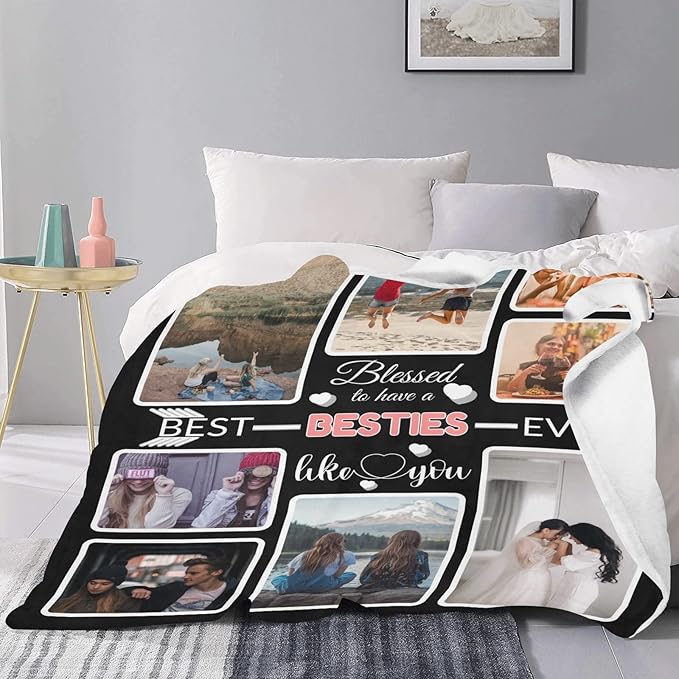 Custom Blanket Gifts for Besties, Customized Blankets with Photos, Make a Personalized Bed Throws to My Besties, Custom Souvenir Throw Blanket for Best Besties Ever, 8 Collages Made in USA