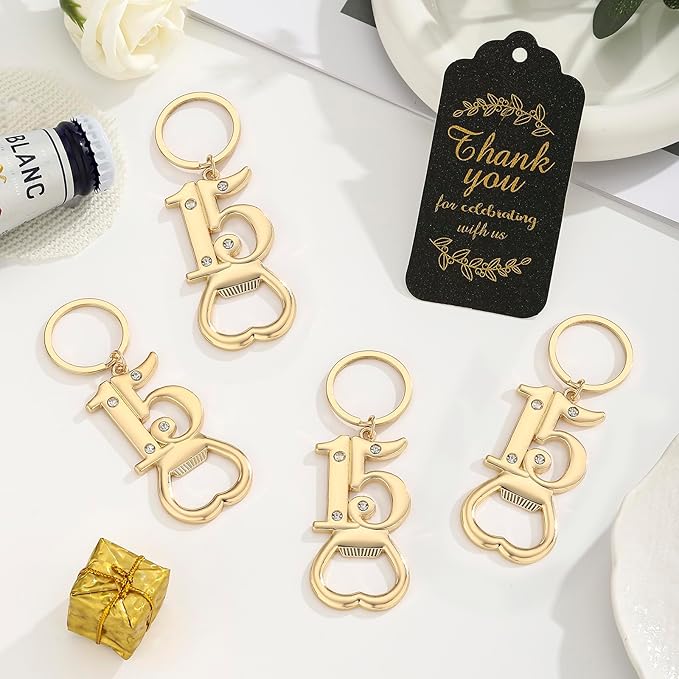 24 pcs 15th Gold Keychain Bottle Opener Birthday Party Favors for Guests,15th Beer Bottle Opener Favors Bulk for 15 Birthday Anniversary Souvenirs Party Decor Supplies (Gold 15th)
