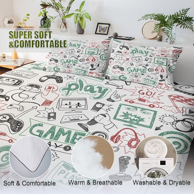 Game Comforter Sets for Boys Teen Twin Size,Kids Video Games Bedding Set Sketch Style Athletic Racing Game Design Bedroom Home Decor