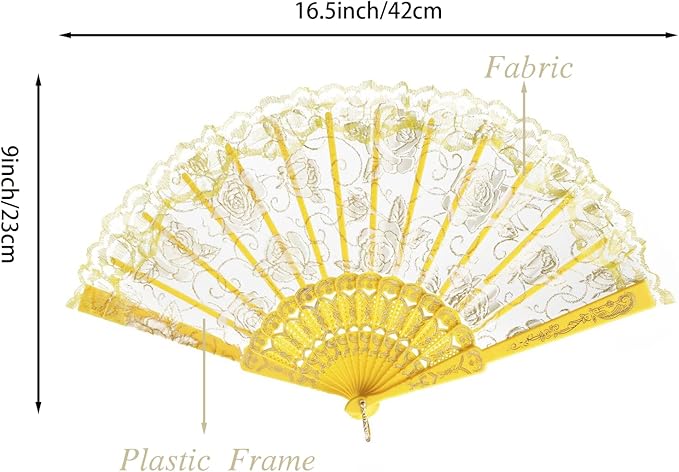 QIRMIZI 10 Pcs Rose Lace Folding Fans,Silk Folding Hand Fans, Perfect for Weddings, Parties, and Dancing,Yellow