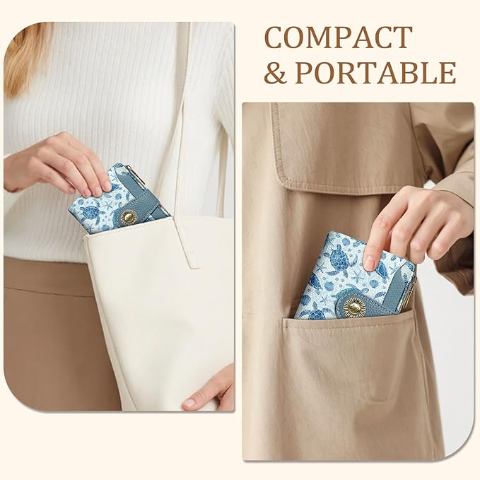 Sea Turtle Small Wallet Women RFID Blocking Bifold, Credit Card Holder, Zipper Coin Pocket, PU Leather, Cute, Compact, Travel, 4 ID Window, 14 Card Slots, Cash Purse, Ladies Woman Female Girls