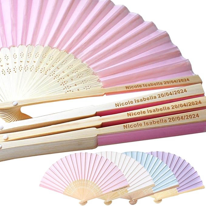 60 Pcs Personalized Pink Wedding Folding Fans for Guests, Custom Engraved Summer Wedding Fans, Folded Hand Fans for Wedding Favors, Vintage Silk Handheld Fans for Bridal Shower Decorations