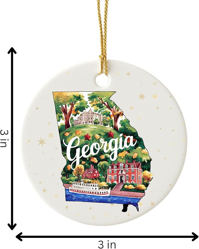 USA State Landmark Ceramic Ornament – Round Glossy Christmas Decoration Featuring U.S. State Art, Landmarks & Holiday Scenery – Collectible Travel Souvenir Ornament Series (Georgia)