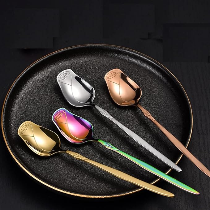 Stainless Steel 5-Piece Rose Flower Shaped Spoon Set - Coffee, Dessert, Ice Cream & Tea Spoons - Cute Multicolor Gift
