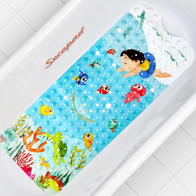 Bath Mat for Tub Non Slip, Machine Washable Anti Slip Cartoon Baby Bathtub Shower Mat with Drain Holes and Suction Cups for Toddler & Kids, 40 Inch x 16 Inch-Rectangular, Swimming Kids