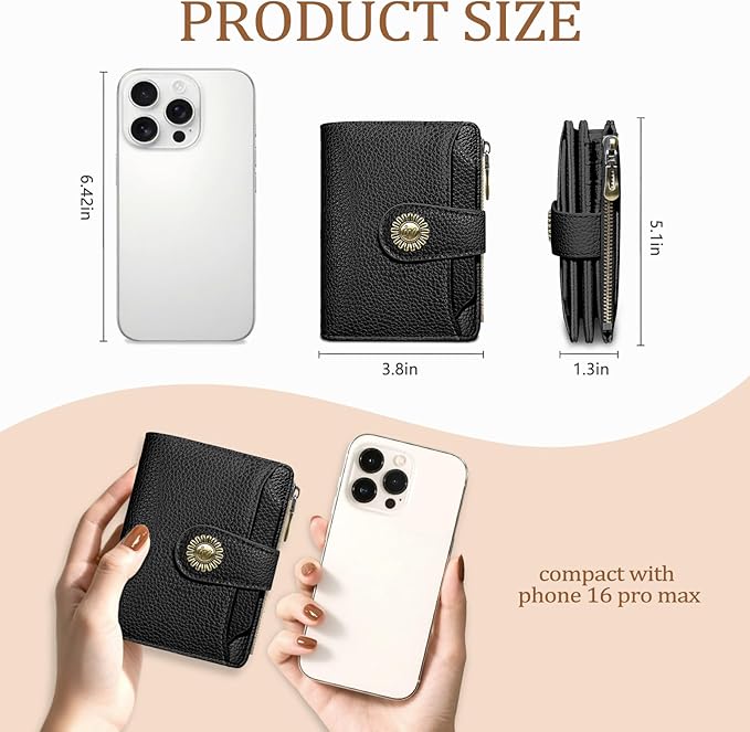 Black Small Wallet Women RFID Blocking Bifold, Credit Card Holder, Zipper Coin Pocket, PU Leather, Compact, Travel, 4 ID Window, 14 Card Slots, Cash Purse, Ladies Woman Female Girls