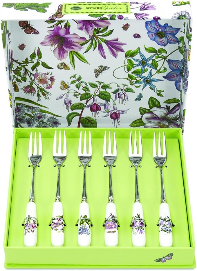 Portmeirion Botanic Garden 6" Pastry Forks (Set of 6) - Assorted Floral Motifs, Stainless Steel with Porcelain Handles, Chip-Resistant Glaze - Elegant Tableware for Sunday Brunch or Afternoon Tea